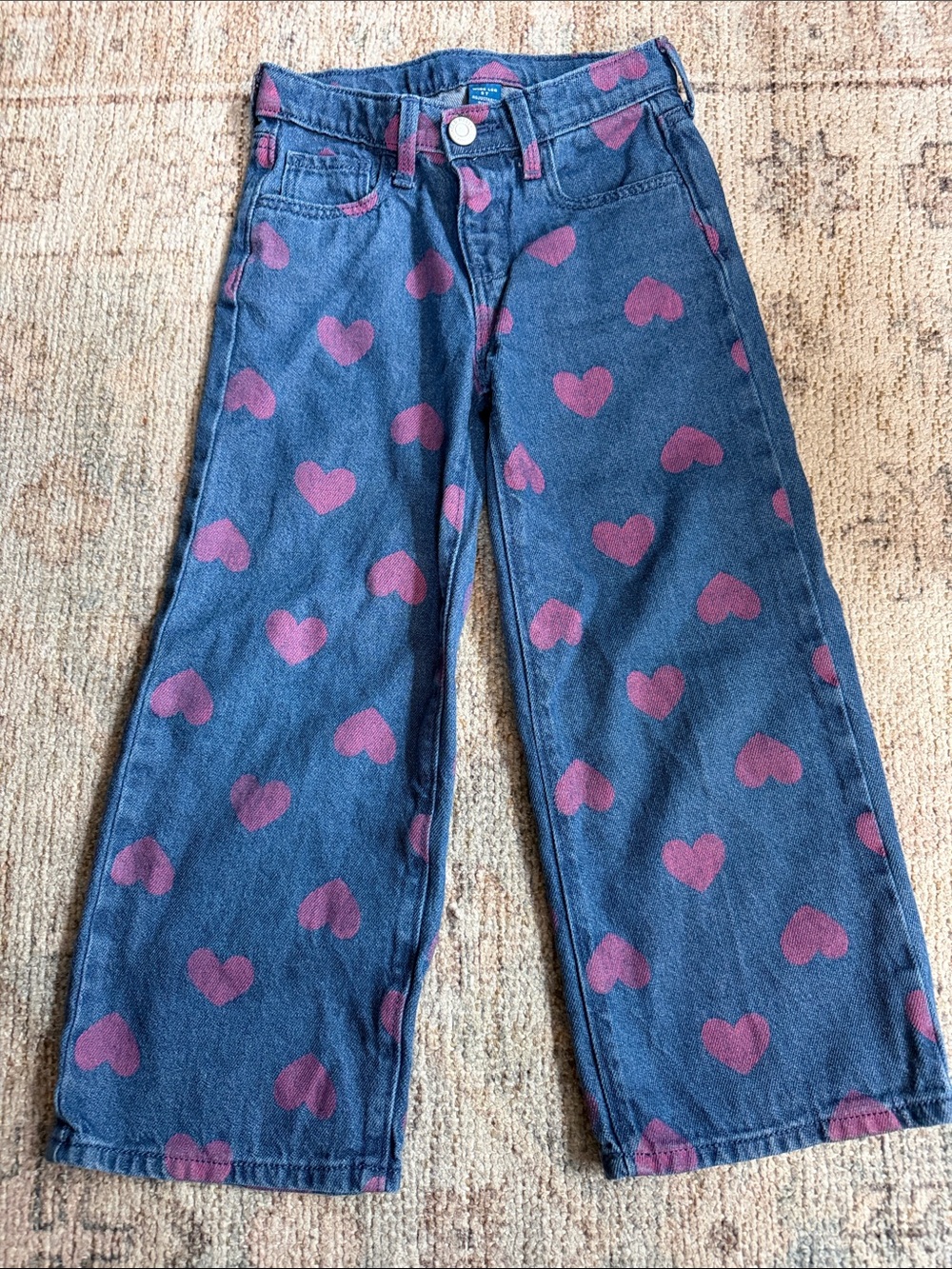 Old Navy Blue Denim Wide-Leg Jeans with Pink Heart Print